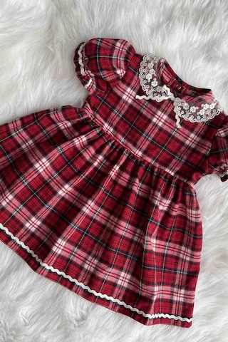 Bebe Yaka Su Taşı Detaylı Ekose Tasarım Kız Çocuk Bebek Elbise 001