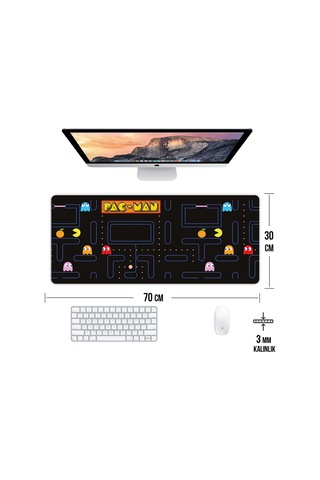Pac-man Oyun Gaming Klavye Mouse Pad Kaymaz Taban Kenarları Dikişli Su Geçirmez Masa Matı 70x30 Cm