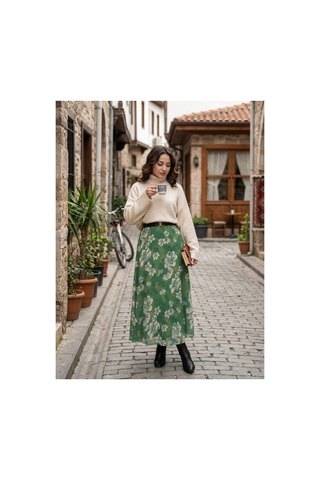 Maşuka Yeşil Floral Desenli Şifon Etek - Astarlı Şık Maxi Etek Yaprak Yeşil - Desenli Yaprak Yeşil - Desenli