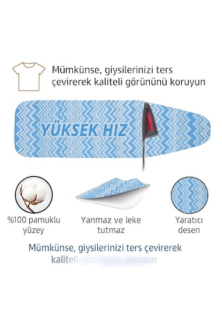 Ütü Masası Kılıfı Keçeli Mavi Zikzak Desen Battal Boy Xxl Pamuklu Yanmaz Üretim Beyaz - Mavi