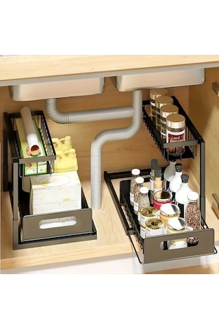 Honeybeeshop Lavabo Altı Düzenleyici Beyaz 1 Paket Kayar Çekmece Rafları Mutfak Banyo Kiler Dolabı Düzenleme Rafı Metal Sürgülü Çekmeceler Beyaz