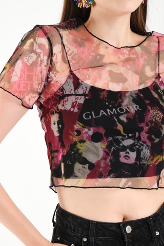 By Papi Baskılı Tül Crop Pembe