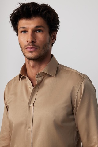 Tudors Modern Slim Fit Uzun Kollu Düz Saten Pamuklu Erkek Krem Gri Gömlek-23059 Krem