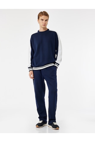 Koton Pamuklu Renk Kontrastlı Uzun Kollu Bisiklet Yaka Sweatshirt Lacivert 7wam70047mk