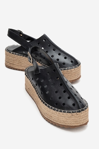 Luvishoes Fraga Siyah Cilt Hakiki Deri Kadın Hasır Dolgu Taban Sandalet Siyah