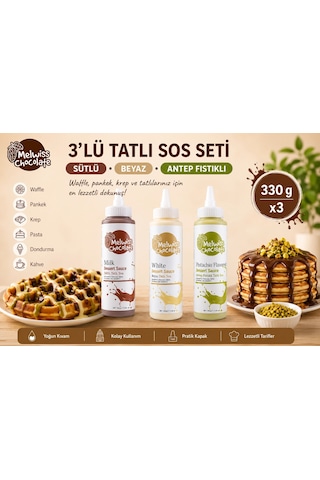 Melwiss Chocolate 3 Lü Tatlı Sos Seti Sütlü Beyaz Antep Fıstıklı 330 Gr X 3 Waffle Krep Pankek Sosu