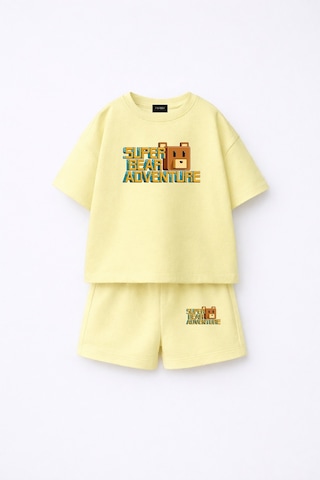 Fasardi Super Bear Adventure Süper Ayı Baskılı Oversize %100 Pamuk Tişört Şort 2li Çocuk Takım Limon