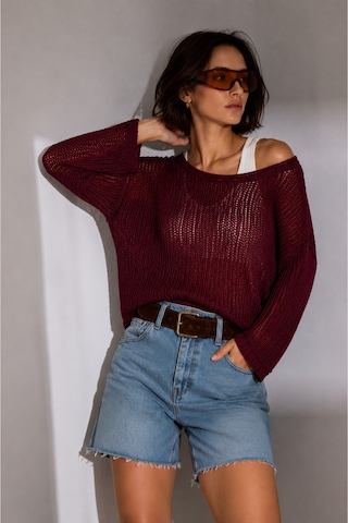 Bisou Siyah Ajurlu Triko Kazak Kayık Yaka Oversize İnce Örgü Yazlık Mevsimlik Bluz Bordo