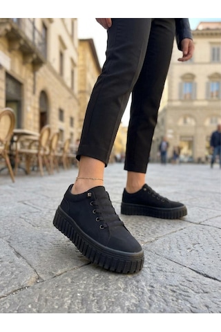 Gamelu Vıgor Kadın Lastikli Memory Foam Kalın Taban Keten Sneaker Ayakkabı Siyah