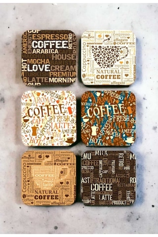 Çay Kahve Coffee Retro Vintage Ahşap Bardak Altlığı Seti 6 Adet Ahşap