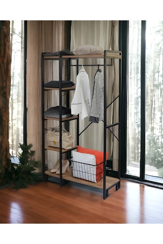 Ahşap Raflı Metal Askılık Ayakkabılık Portatif Portmanto Gardırop