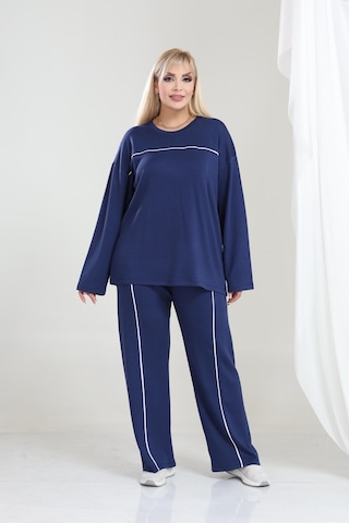 Biyeli Büyük Beden Oysho Tarzı Modal Kumaş Uzun Kollu Biyeli Rahat Günlük Takım Lacivert