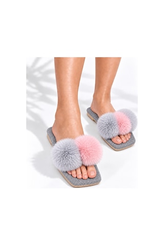 Dabab Shoes Pomella Kadın Gri Çift Ponponlu Peluş Bantlı Kaymaz Tabanlı Önü Açık Ev Terliği