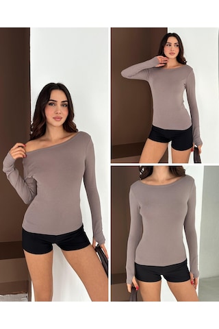 Elaxi Kadın Kayık Yaka Parmak Geçmeli Uzun Kollu Full Likralı Pamuk Viskon Buzzy Body Tişort Vizon
