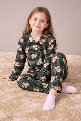 Beka Kids Yeşil Ekose Ve Ayıcık Desenli Uzun Kollu Önden Düğmeli Gömlek Yaka Kız Çocuk Mevsimik Pijama Takımı