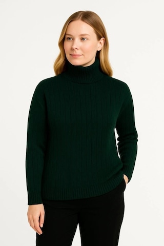 Balıkcı Yaka Bağazlı Triko Kazak Pamuklu Kalın Fitilli Dokuma - Haki Haki