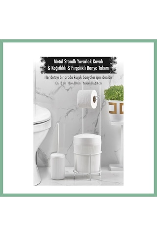 Bşkvirgo Metal Standlı Yuvarlak Kovalı & Kağıtlıklı & Fırçalıklı Beyaz Banyo Takımı Bsk2026