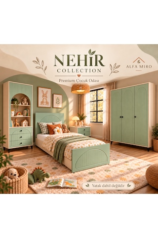 Nehir Çocuk Odası Takımı - Çocuk Odası Seti - Bebek Odası - Membran Kapak - Kum Beji Su Yeşili Kum Beji - Su Yeşili