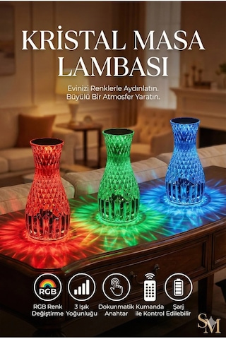 Kristal Masa Lambası Rgb Renk Değiştiren Gece Lambası 16 Renk Ve 4 Mod Dokunmatik Kontrol Belirtilmemis