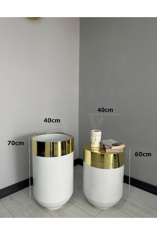 Dekoratif Gold Darbuka Parlak Beyaz Saksı 70cm + Sehpa 60cm İkili Set