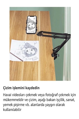 Teleskopik Tablet-telefon Tripodu 360 Derece Ayarlanabilir Masaüstü Süspansiyonlu Üst Çekim Yayıncı Standı Siyah