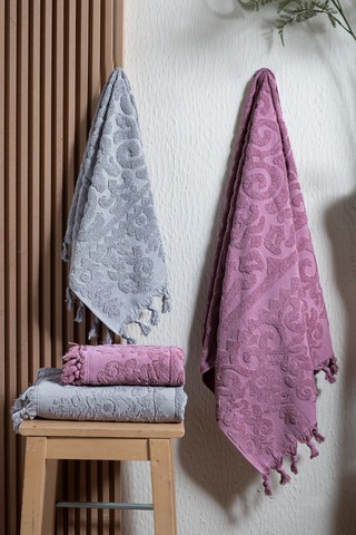 Kumsal 4'lü Hamam Seti %100 Pamuk 2 Adet 70x140 Beden, 2 Adet 50x90 El, Yüz, Saç Havlu , 1250gr Antrasit - Mürdüm