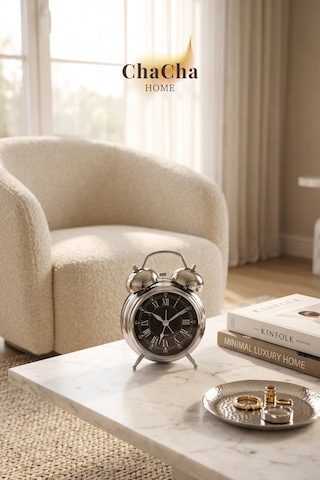 Chacha Home Eterna Bell Vintage Metal Çalar Saat & Premium Masaüstü Dekoratif Obje 22x16 Cm Gümüş