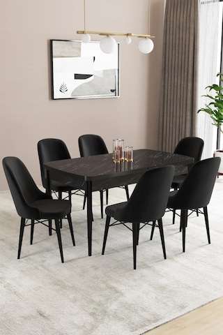Familieconcept Almira Serisi, Siyah Mermer Desen 80x132 Açılabilir Mdf Mutfak Masası Takımı 6 Adet Sandalye