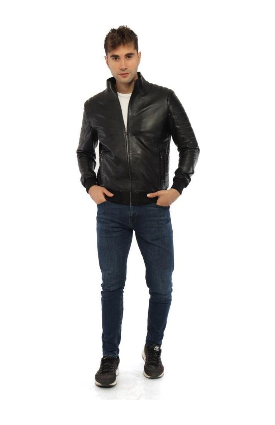 Hakiki Deri Siyah Sergio Fermuarlı Erkek Deri Ceket Siyah