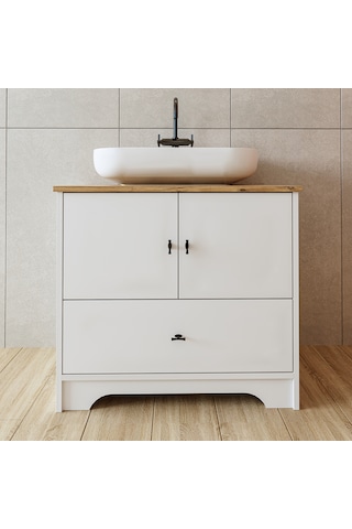 Oval Lavabolu Ayaklı 2 Kapaklı Çekmeceli Mdf 80 Cm Banyo Dolabı Atlantik Çam - Beyaz