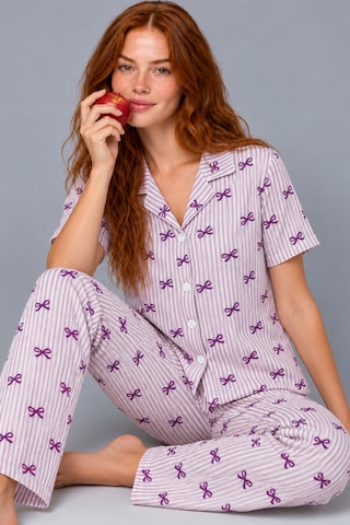 Kadın Çizgili Fiyonk Desenli Mor Kısa Kollu Pijama Takımı 4811