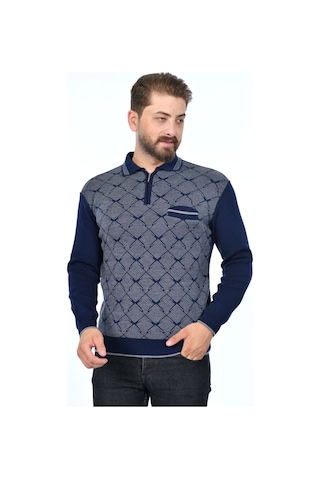 Kamalı Erkek Çelik Örgü Gömlek Yaka Cepli Fermuarlı Polo Yakalı Tüylenmeyen Triko Kışlık Baba Kazak Lacivert
