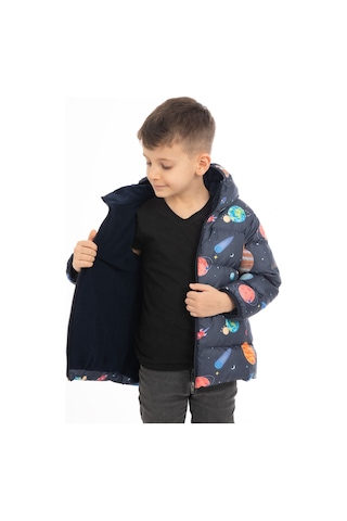 Erkek Çocuk İçi Polarlı Kapüşonlu Gezegen Yıldız Desenli Kışlık Şişme Mont Lacivert
