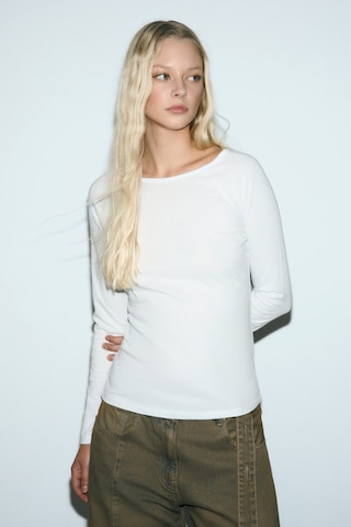 Grımelange Karakola Kadın Organik Pamuklu Kayık Yaka Reglan Kol Slim Fit Beyaz Bluz Beyaz