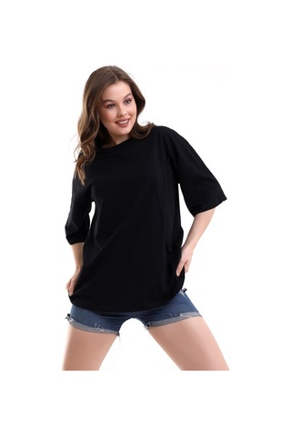 Winmoda34 Unisex Bisiklet Yaka Oversize Boyfriend T-shirt Siyah