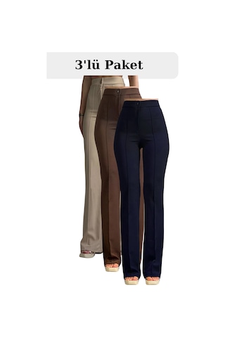 Thiff Gymwear Kadın Palazzo Pantolon 3 Lü Set Bej Kahverengi Lacivert, Krep Likralı, Yüksek Bel Jogger Kesim Çok Renkli
