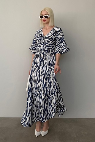 Madmext Lacivert Zebra Desenli V Yaka Yarım Kollu Elbise Mg2394