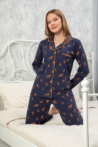 Myben Kadın Lacivert Renkli Pamuklu Likralı Düğmeli Leopar Desenli Biyeli Pijama Takımı 10037 Lacivet-1 Lacivert