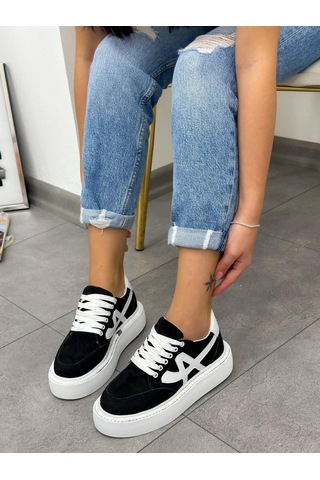 Erva'nın Butiği Siyah Beyaz Tig Kadın Bağcıklı Sneakers-4890 Siyah Beyaz Süet
