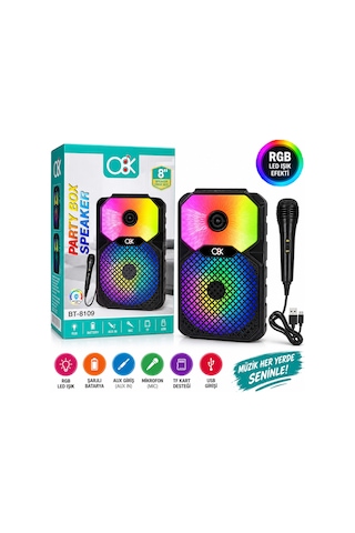 8 İnç Bluetooth Mikrofonlu Karaoke Hoparlör Şarjlı, Rgb