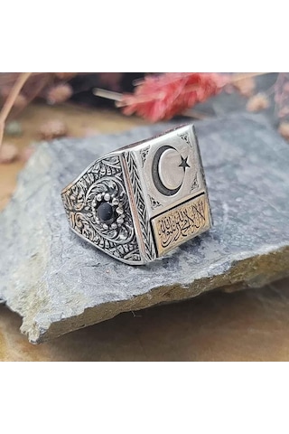 925 Ayar Gümüş Ayyıldız Kelime-i Tevhid Model Kalem İşlemeli Erkek Yüzük Gümüş