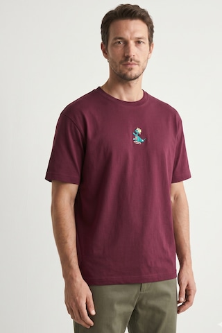 Elemge %100 Pamuk Compact Penye Süprem Bordo Timsah Nakışlı Trend Fit Erkek Tok Kumaş T-shirt Rahat Kesim