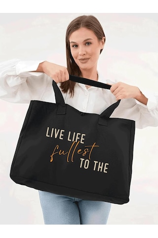 Çınar Bez Çanta Siyah 3 Çıtlı Live Life Baskılı Büyük Boy Kanvas Çanta - Standart