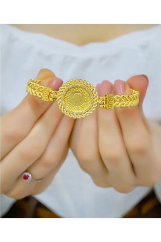 Çeyrekli Halat Örgülü Kelepçe Sarı Altın