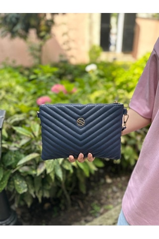 Sanmorris Kadın Suni Deri Lacivert Renkli Ayarlanabilir Çapraz Ve El Askılı Portföy, Clutch Çanta Lacivert