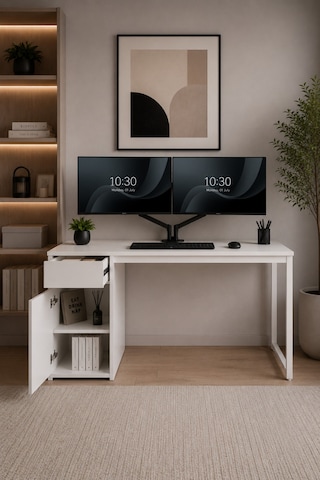 Beyaz Çekmeceli Kapaklı 120 Cm Çalışma Masası, Bilgisayar Masası, Ofis Masası, Metal Ayaklı, Raflı, Kesonlu 140 Cm