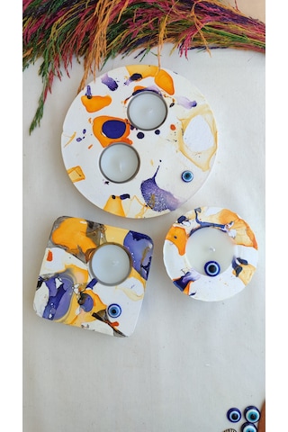 Fancyagnes El Yapımı Taş Tozu Mumluk 3lü Set Beyaz - Turuncu