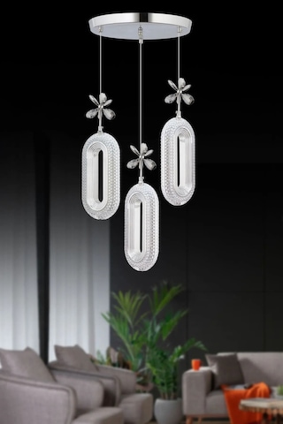 Led Alfa 3'lü Gümüş Kademeli 3 Renk Ledli Kristal Taşlı Modern Led Avize Krom