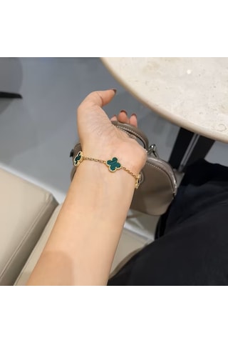 Çelik Bileklik Dört Yapraklı Küçük Yonca Yeşil Çizgili Sedef Taşlı Uzunluk 18 Cm Gold Altın - Gold