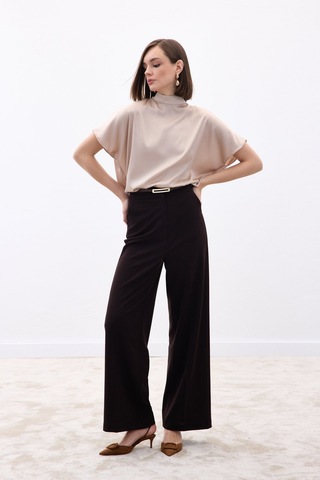 Sateen Palazzo Krep Pantolon - Kahve-136712 kahve